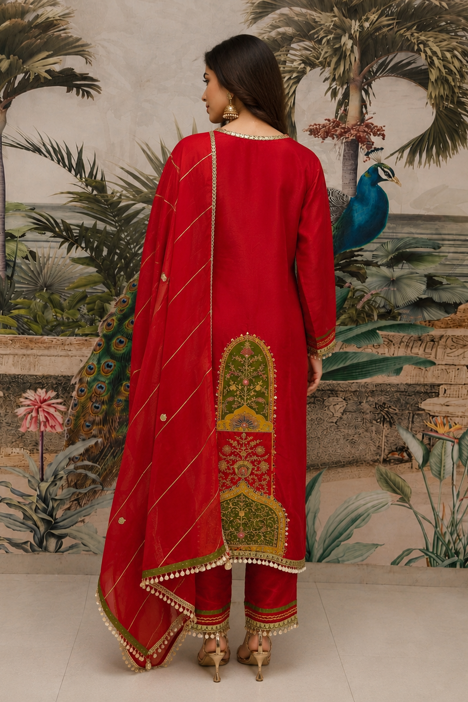 Crimson Red Embroidered Viscose Crepe Pant Set