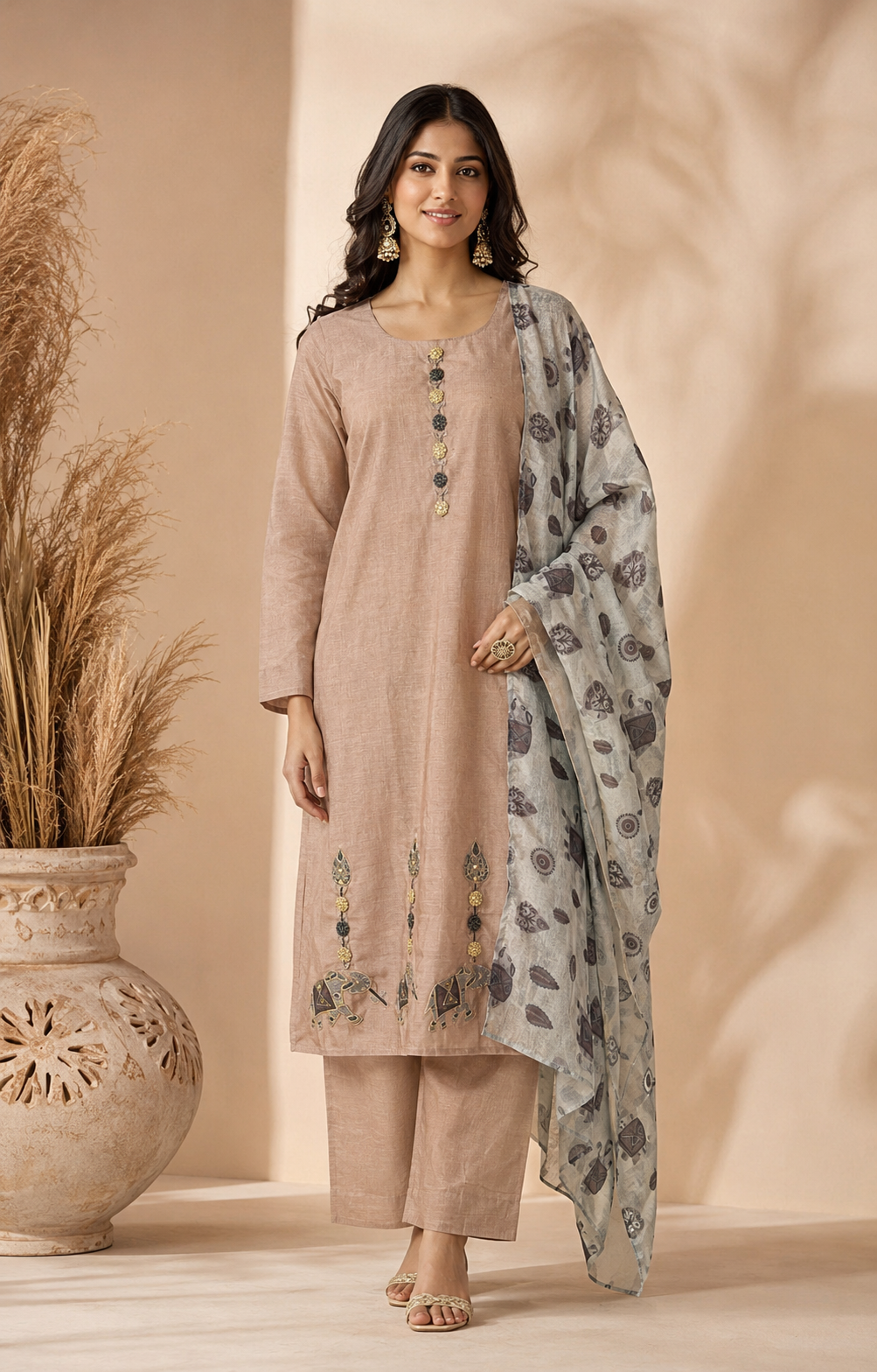 Dusty Taupe Embroidered Jamdani Silk Pant Set