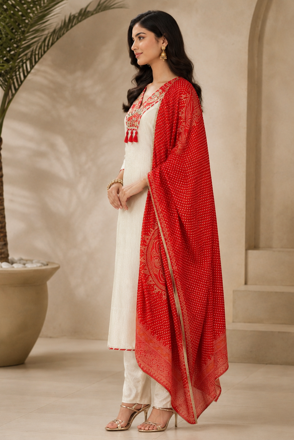 White Crimson Printed Shimmer Silk Pant Set