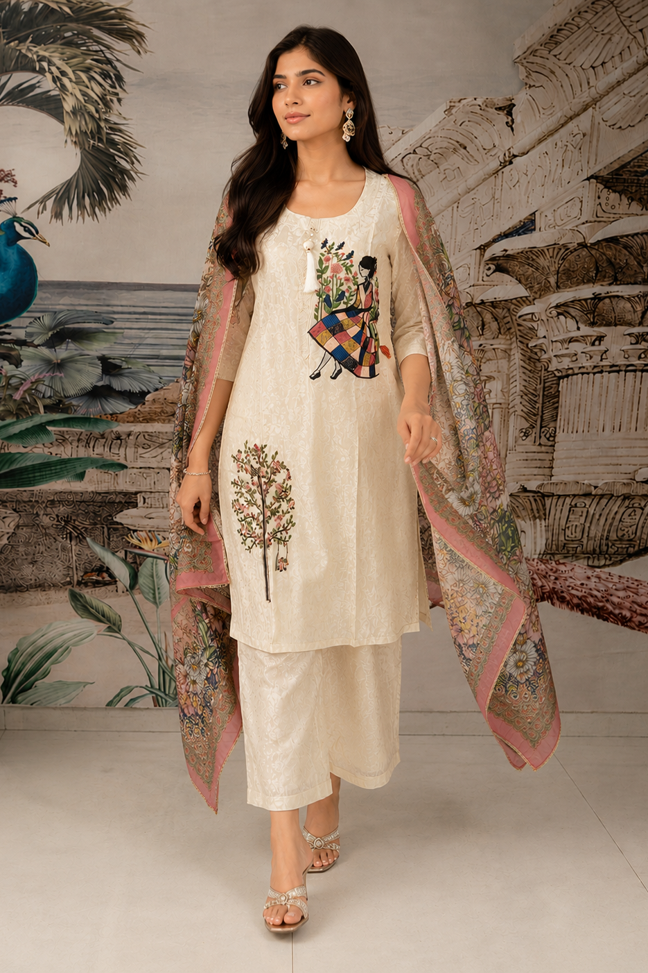 Whisp White Embroidered Shimmer Silk Pant Set