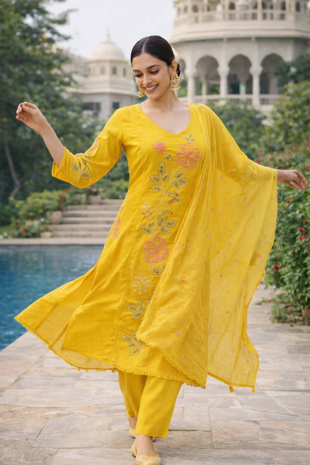 Citron Bloom Embroidered Organic Cotton Pant Set