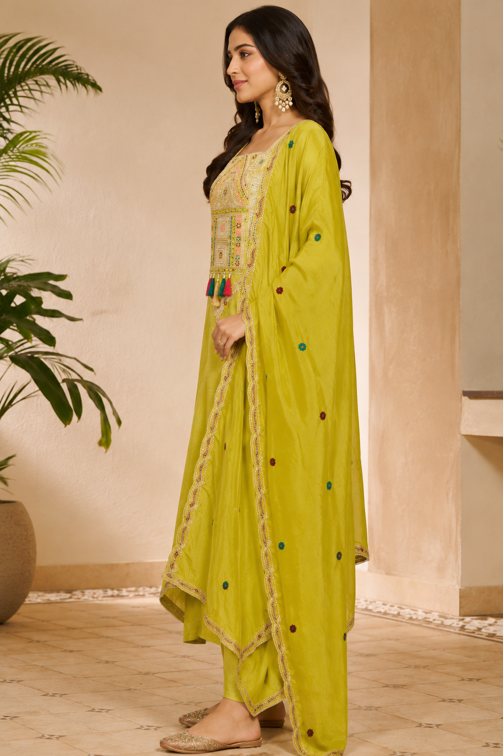 Lime Green Embroidered Russian Silk Pant Set