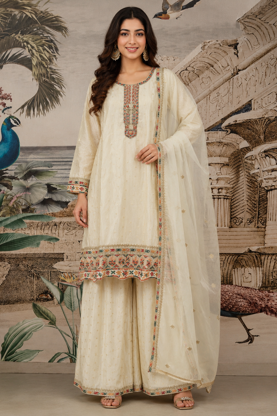 Vanilla Embroidered Shimmer Tissue Silk Palazzo Set
