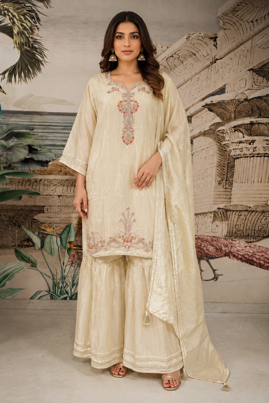 Pastel Cream Embellished Viscose Sharara Set