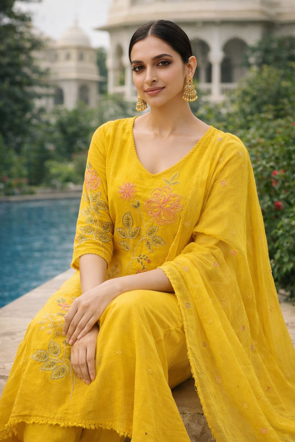 Citron Bloom Embroidered Organic Cotton Pant Set