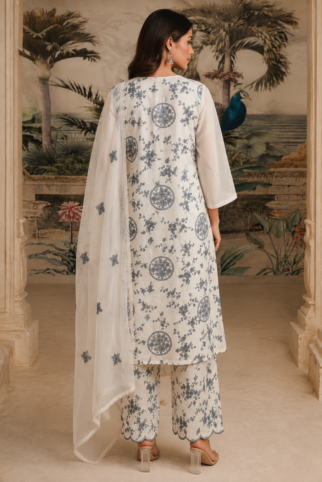 Off White Floral Embroidered Cotton Pant Set
