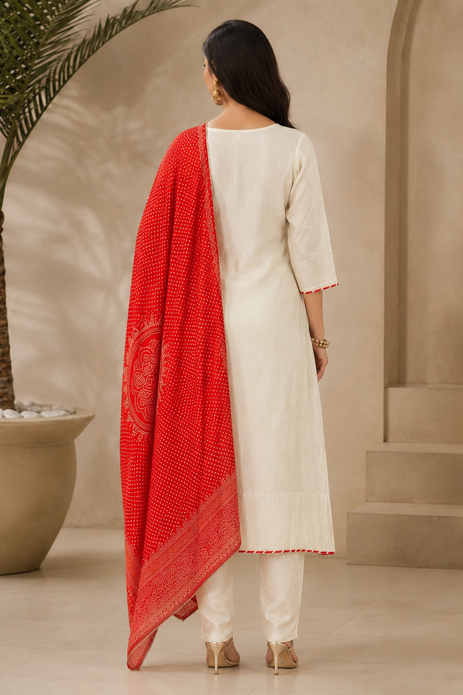 White Crimson Printed Shimmer Silk Pant Set