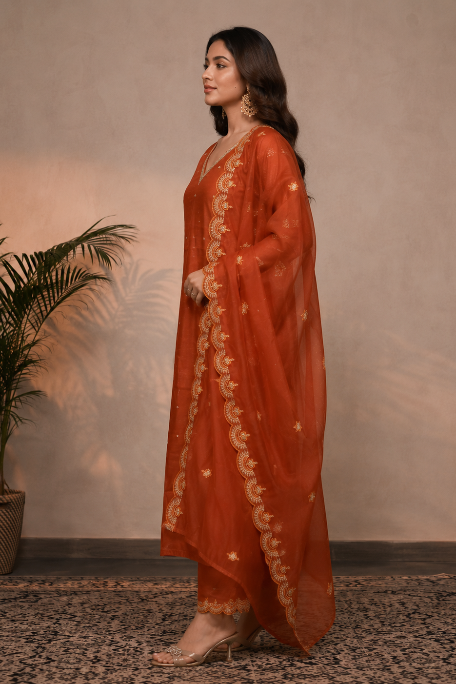 Rust Orange Embellished Mul Chanderi Pant Set