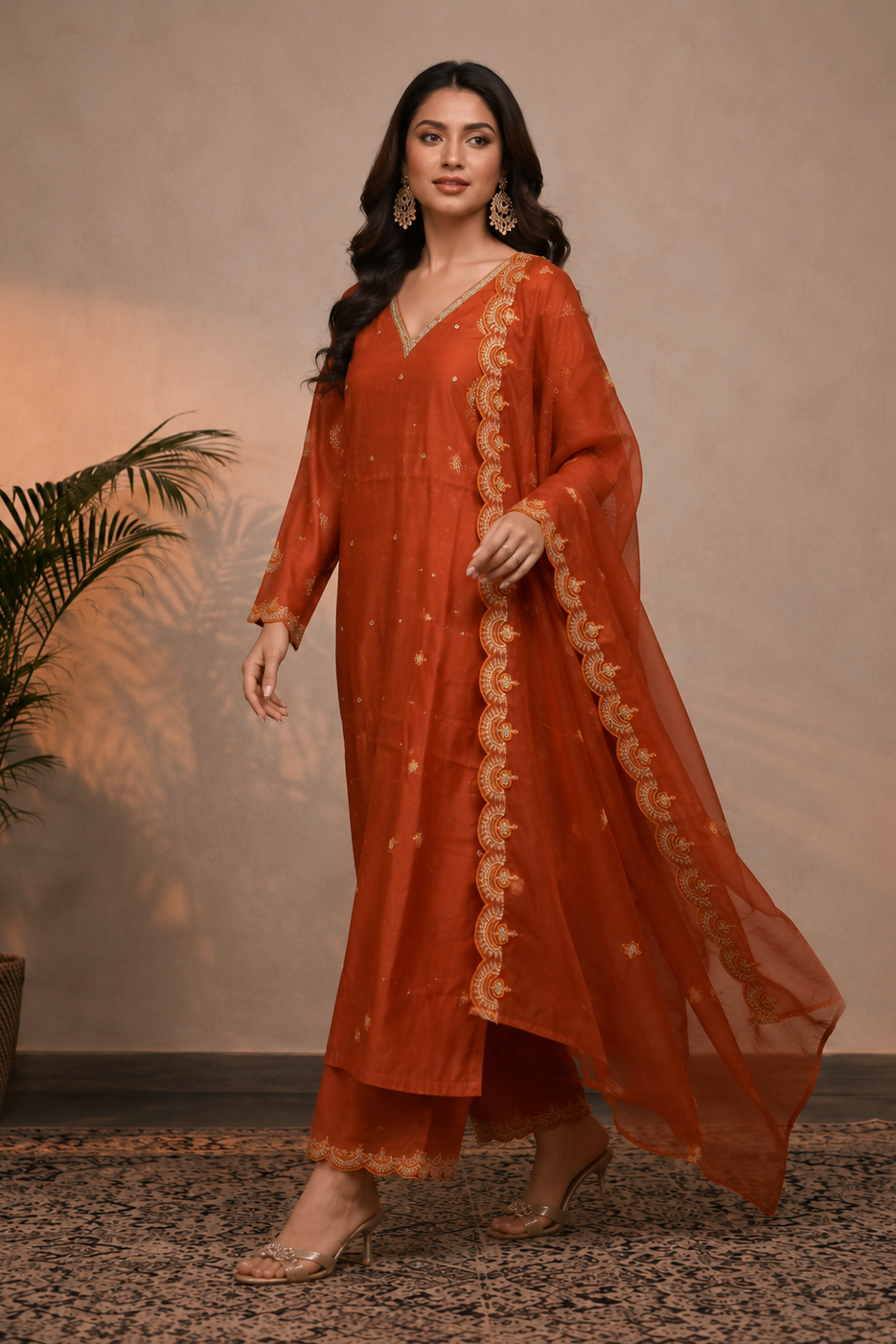 Rust Orange Embellished Mul Chanderi Pant Set