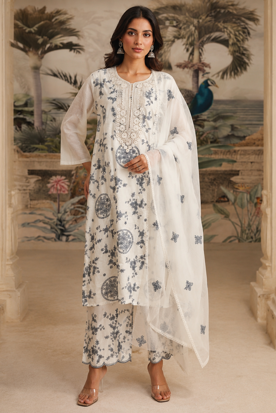 Off White Floral Embroidered Cotton Pant Set