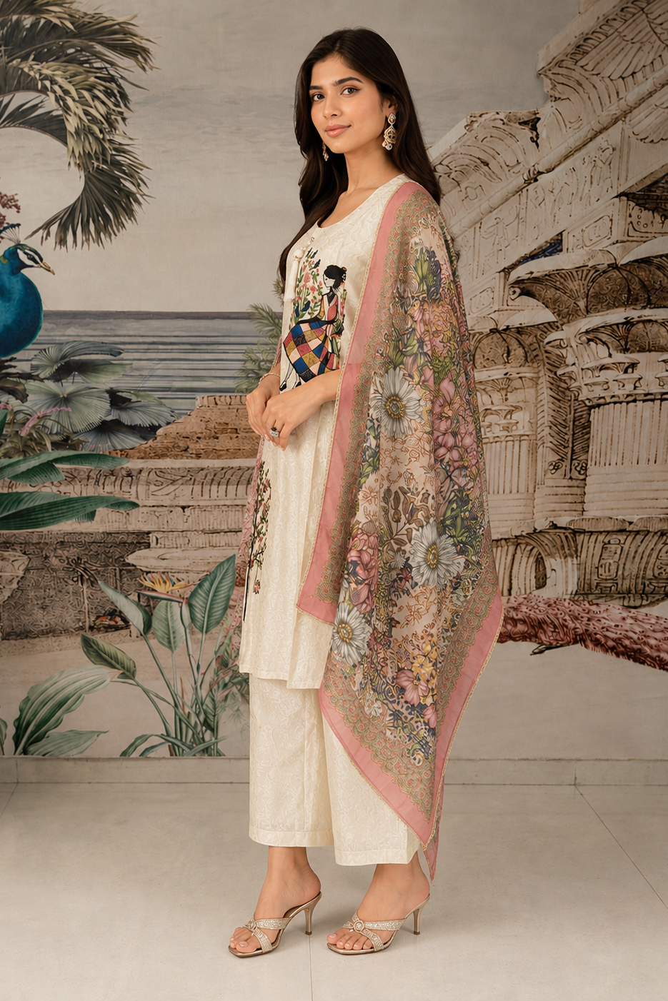 Whisp White Embroidered Shimmer Silk Pant Set