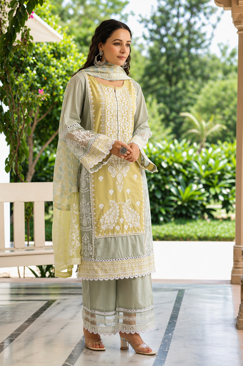 Sage Citron Embroidered Mul Cotton Pant Set