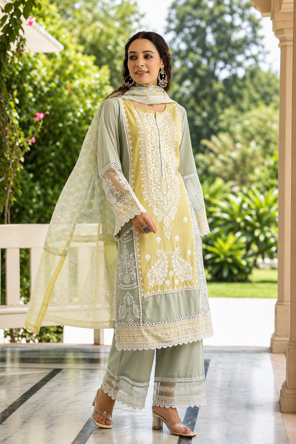 Sage Citron Embroidered Mul Cotton Pant Set