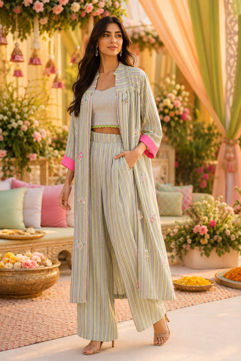 Pastel Sage Mist Printed Satin Silk Jacket Co-Ord Set
