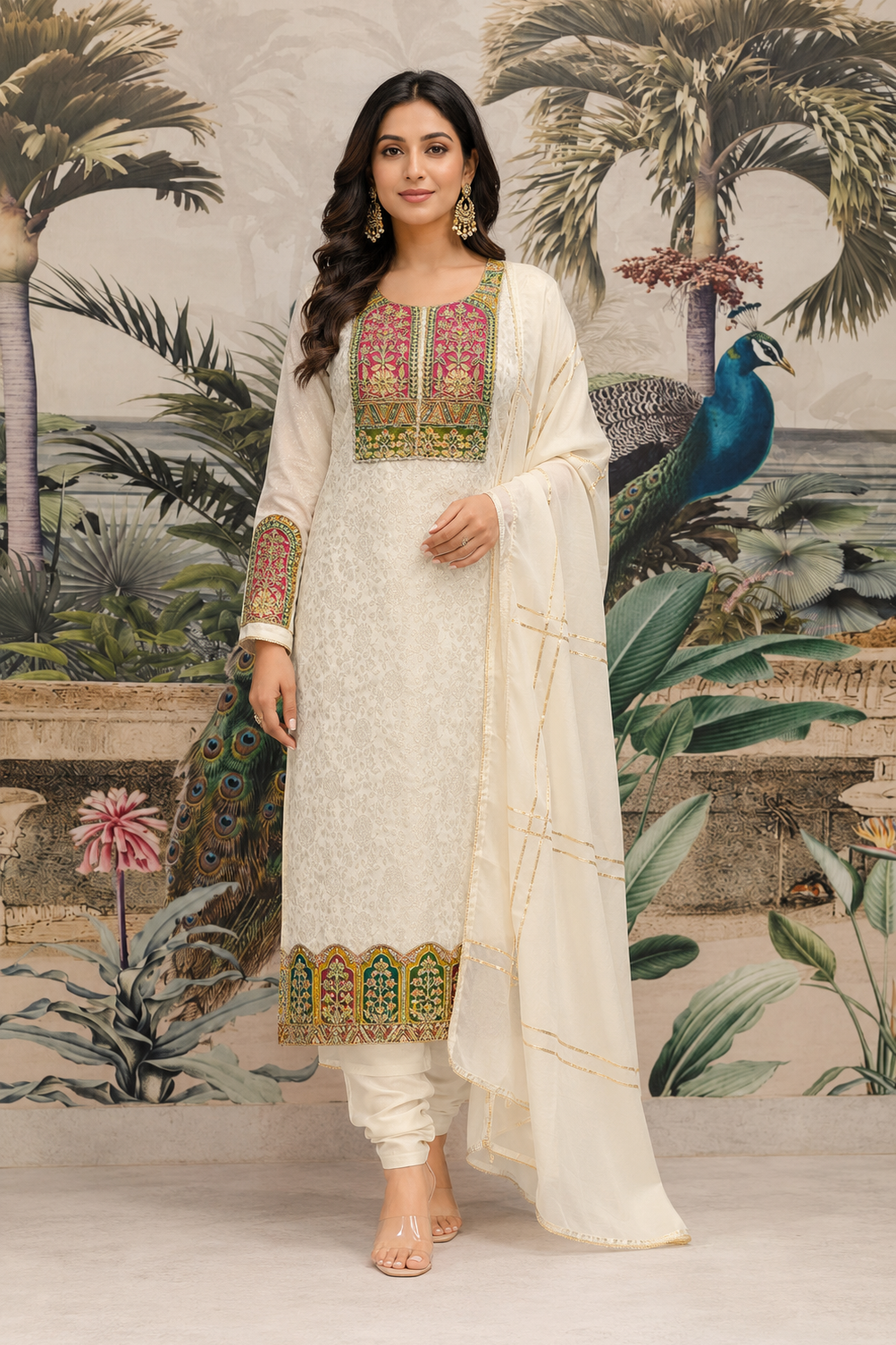 Ivory Embroidered Shimmer Jacquard Silk Pant Set