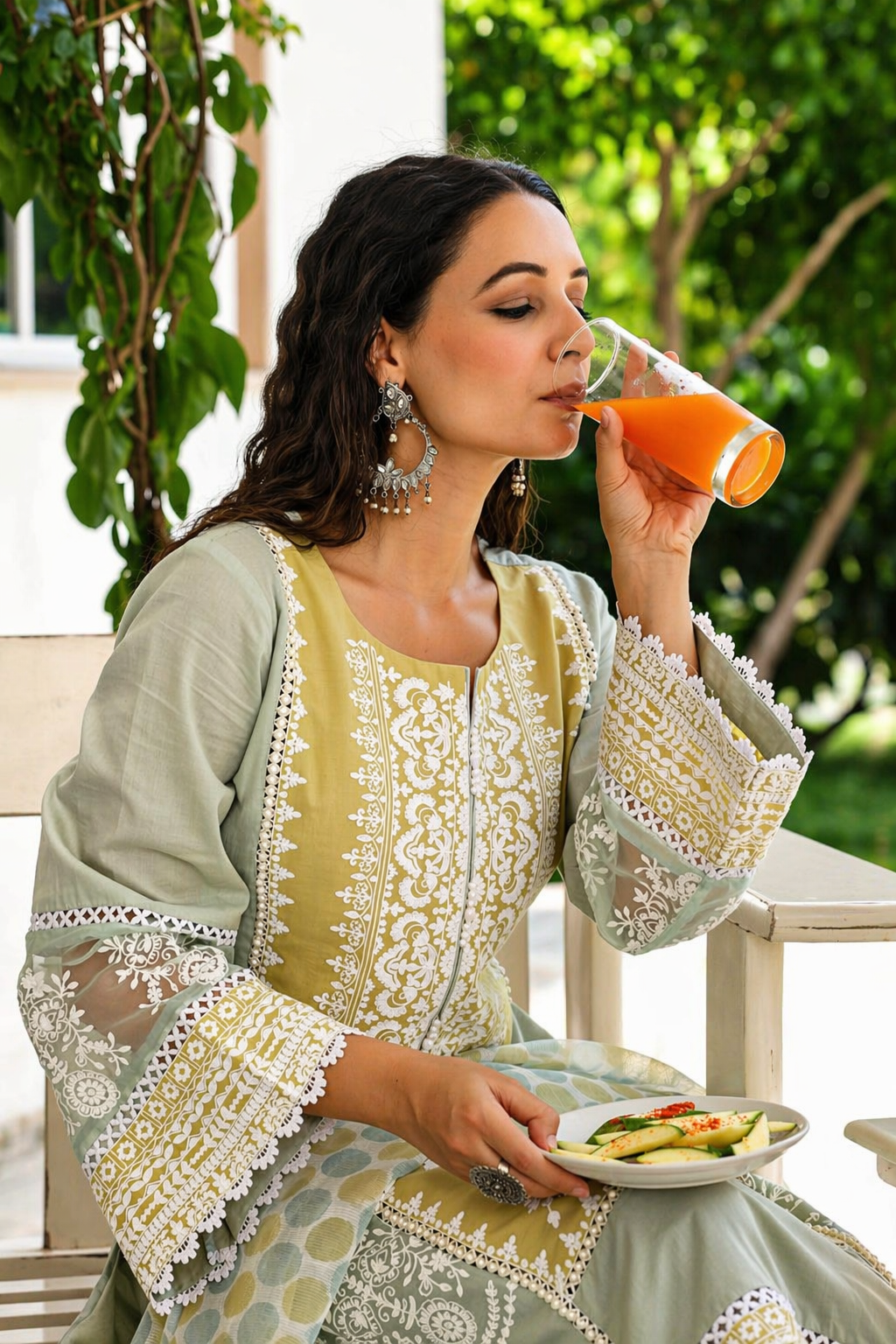 Sage Citron Embroidered Mul Cotton Pant Set
