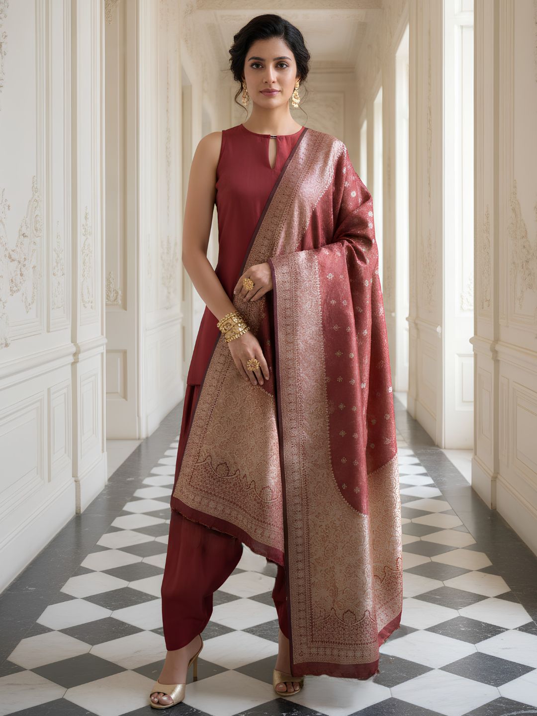 Brick Red Embroidered Banarasi Silk Salwar Set