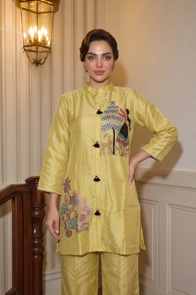 Butter Yellow Embellished Crepe Silk Pant Set
