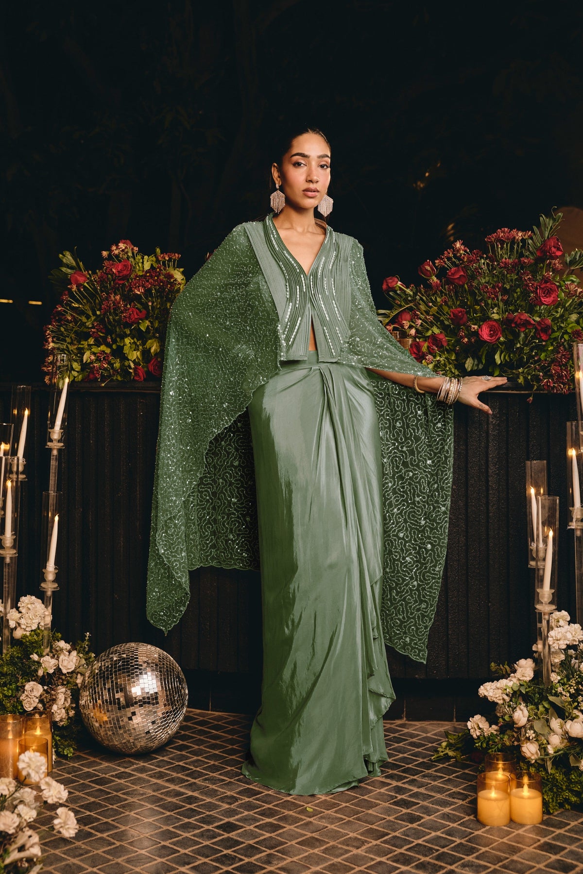 Sage Green Embellished Premium Net Kaftan Set