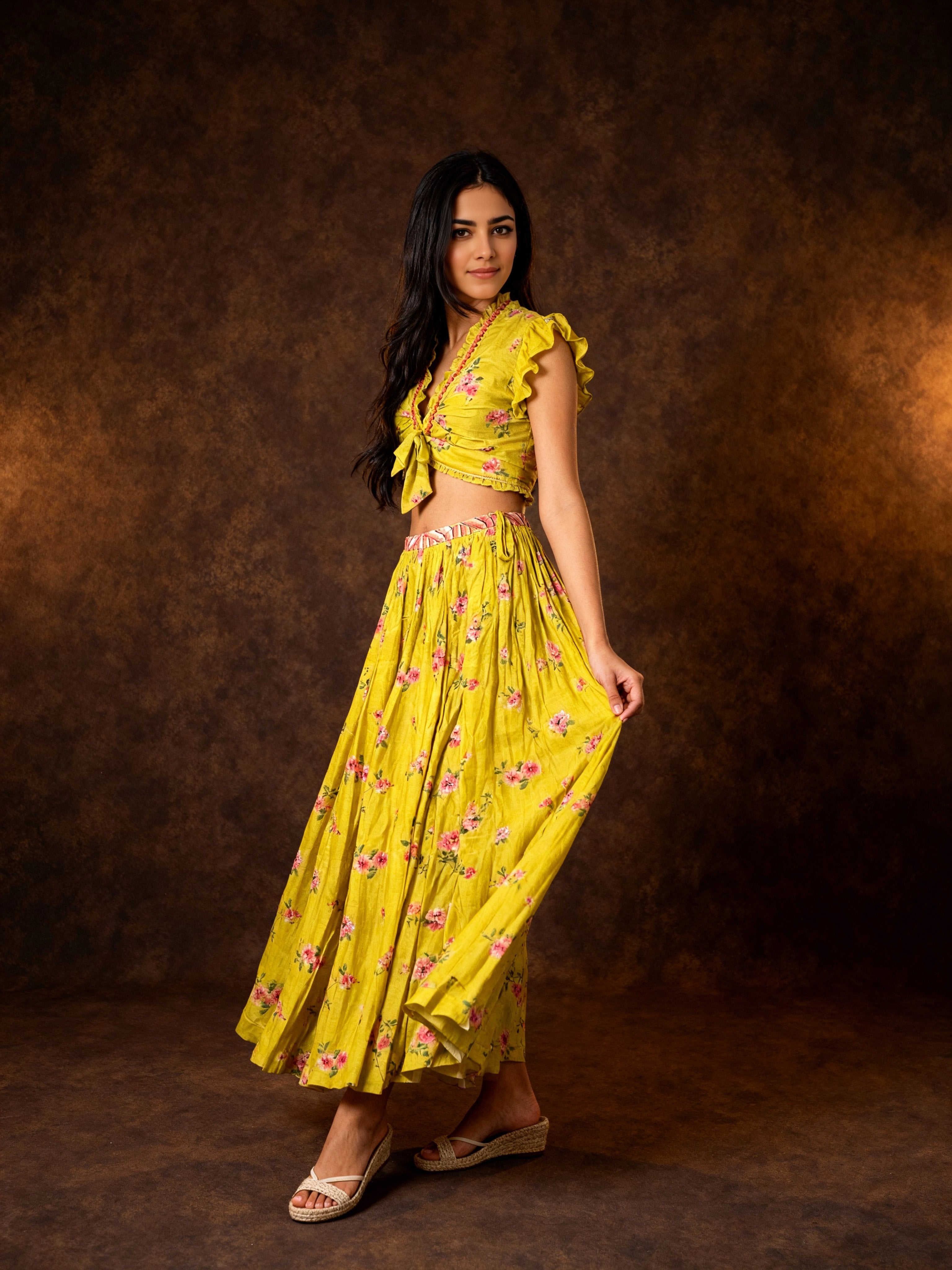 Lime Green Embellished Crepe Cotton Skirt Set