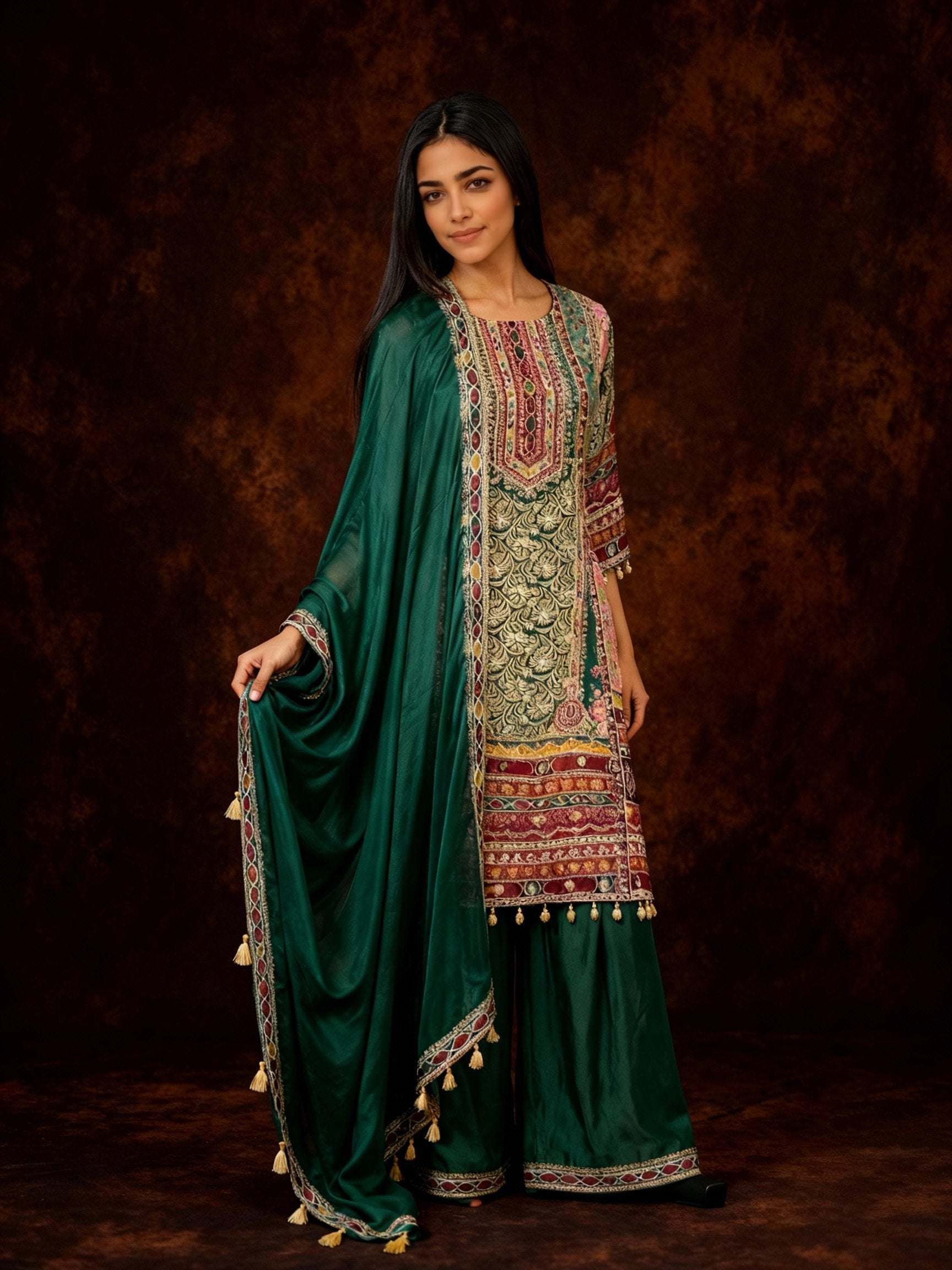 Leaf Green Embellished Muslin Satin Silk Pant Set