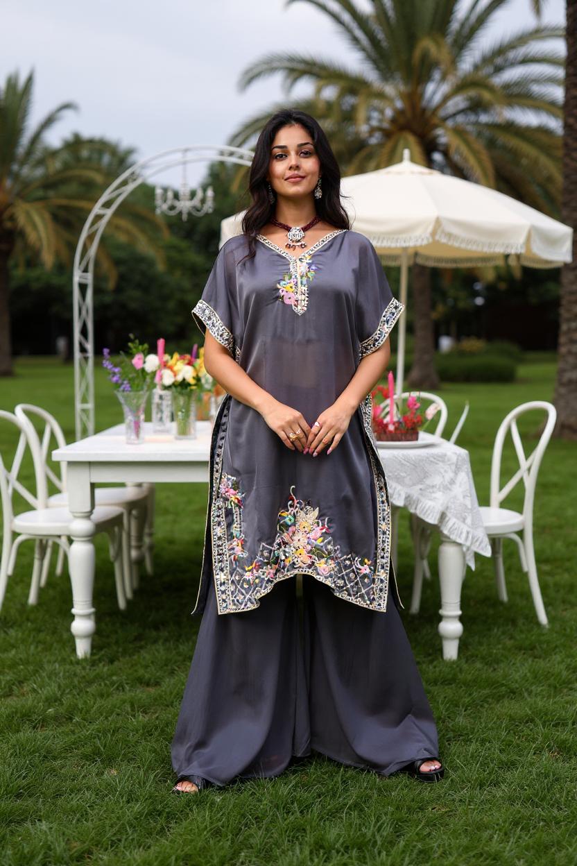 Deep Grey Embellished Viscose Silk Palazzo Set