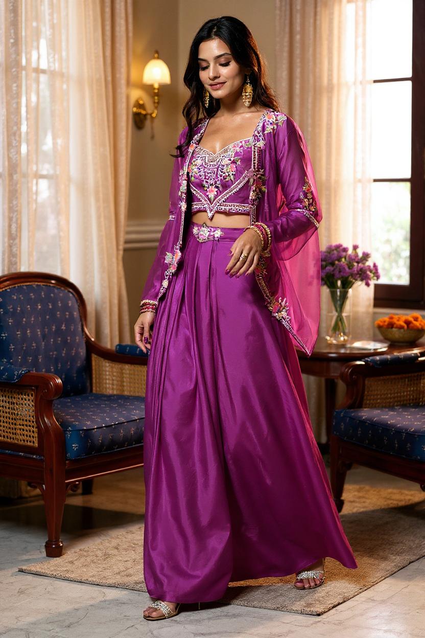 Purple Embellished Viscose Silk Skirt Set