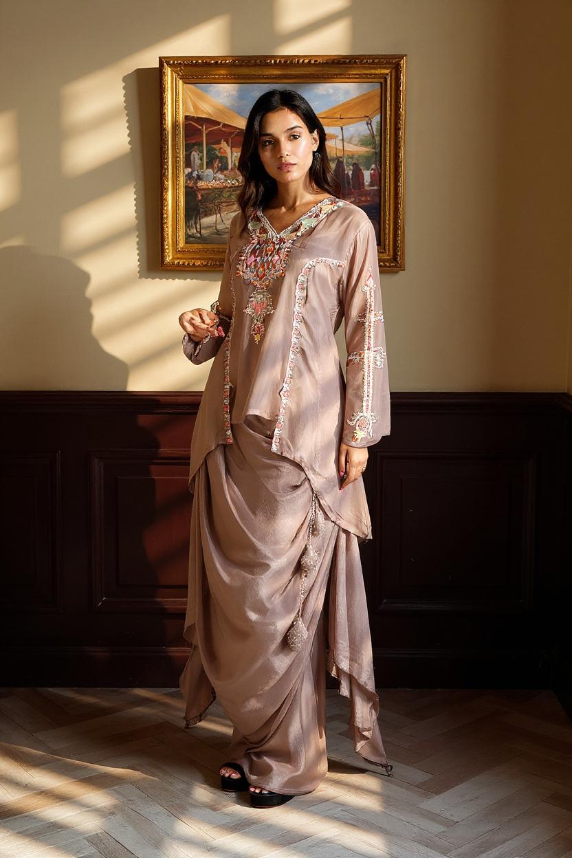 Almond Moss Embellished Viscose Silk Skirt Set