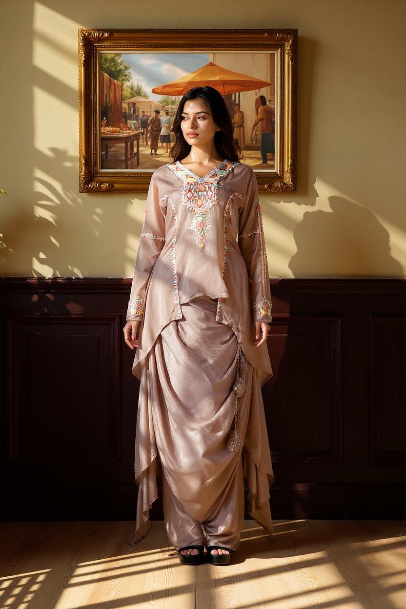 Almond Moss Embellished Viscose Silk Skirt Set
