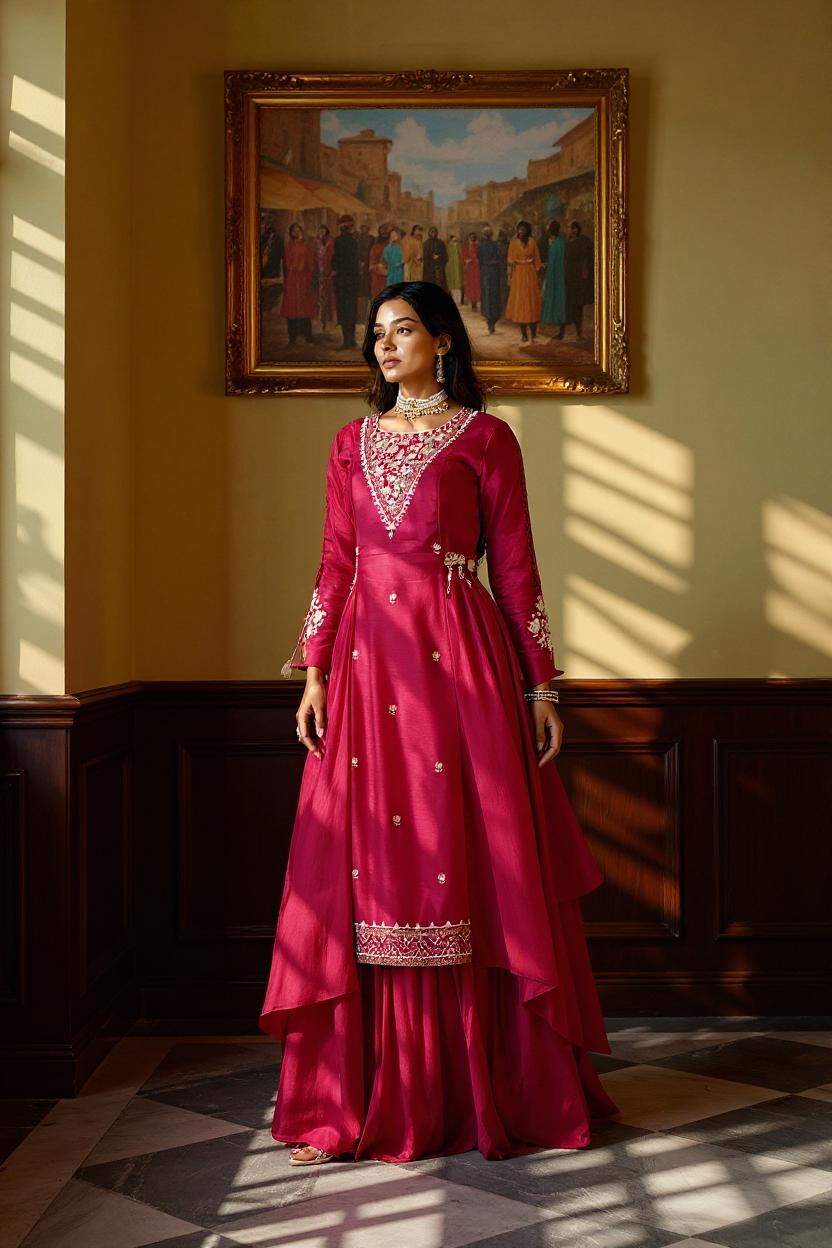 Cherry Red Embellished Viscose Silk Skirt Set