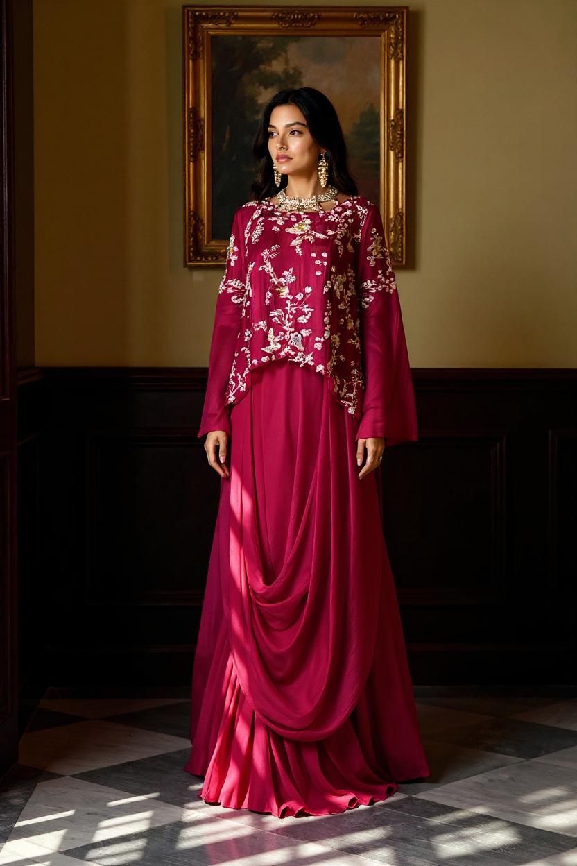 Cranberry Pink Embellished Viscose Silk Skirt Set