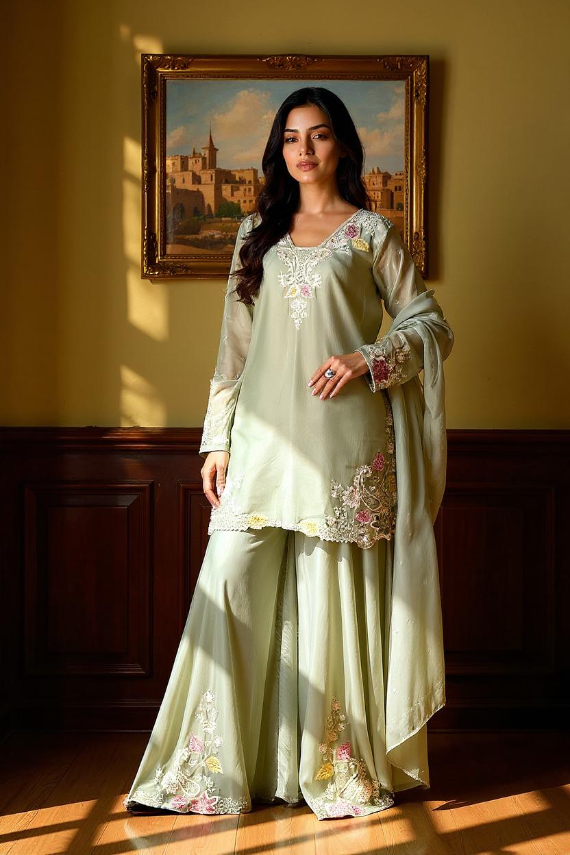 Moss Green Embellished Viscose Silk palazzo Set