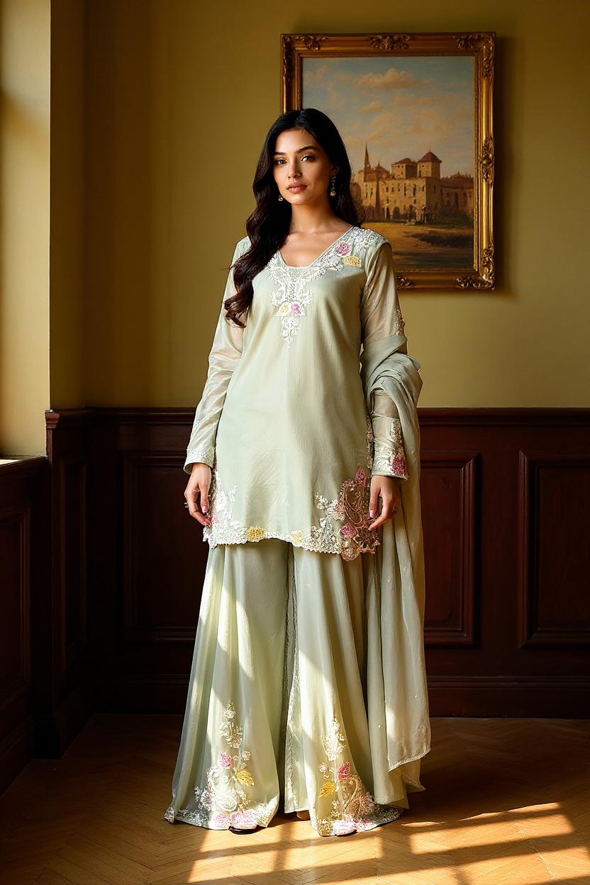 Moss Green Embellished Viscose Silk palazzo Set