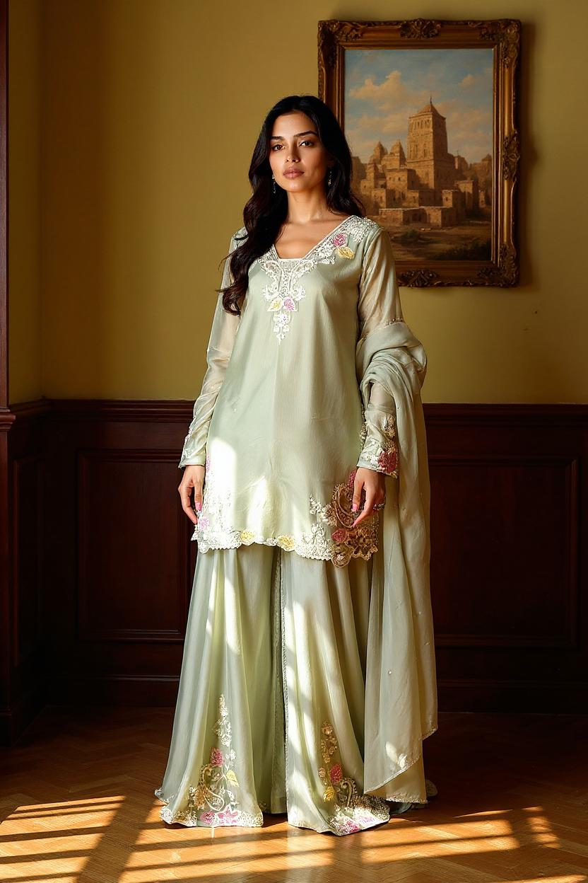 Moss Green Embellished Viscose Silk palazzo Set