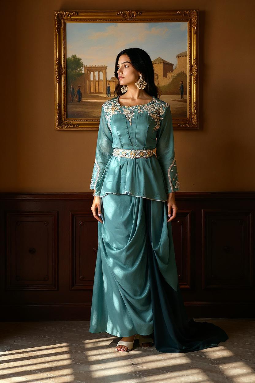 Aqua Blue Embellished Viscose Silk Skirt Set