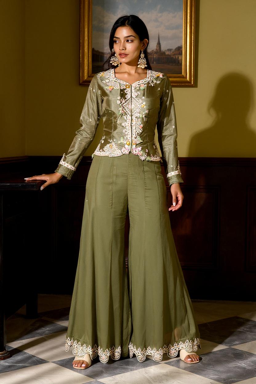 Green Embellished Viscose Silk Skirt Set
