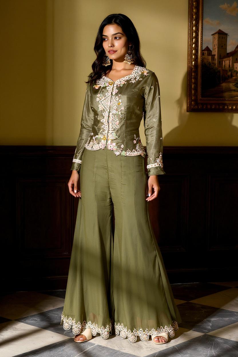 Green Embellished Viscose Silk Skirt Set