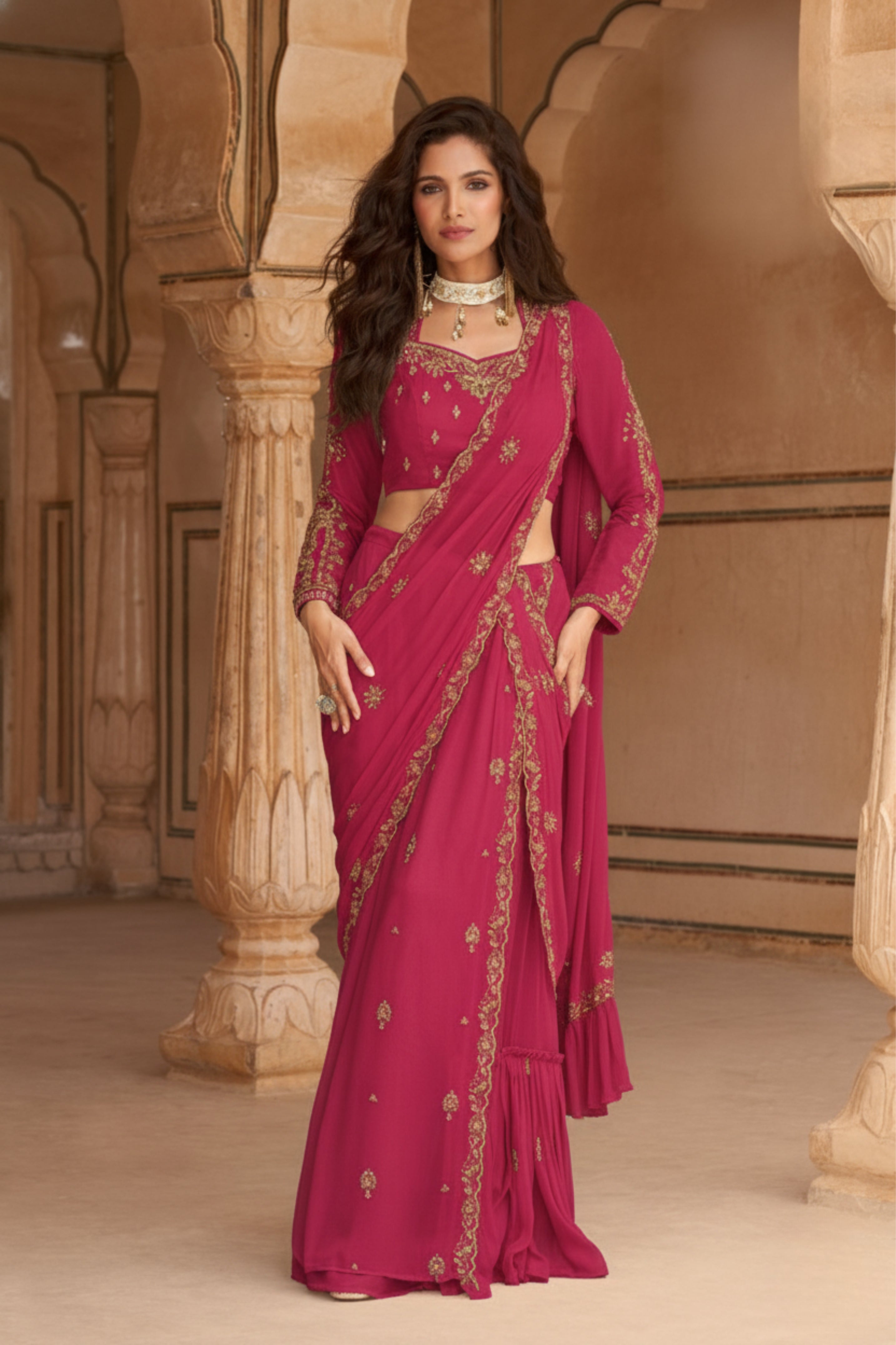 Vibrant Red Embellished Georgette Skirt With Drape