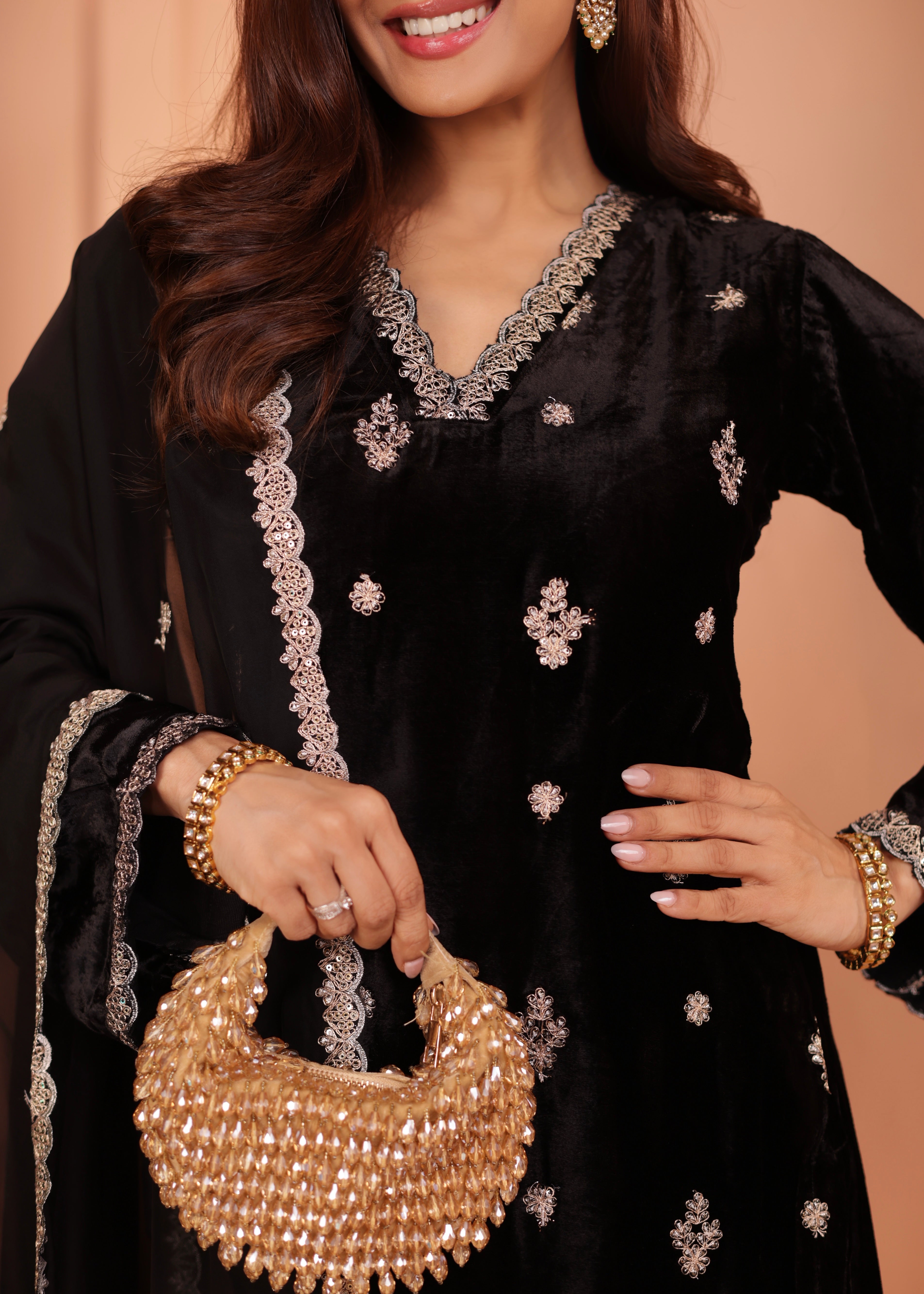 Classic Black Embellished Premium Velvet Pant Set