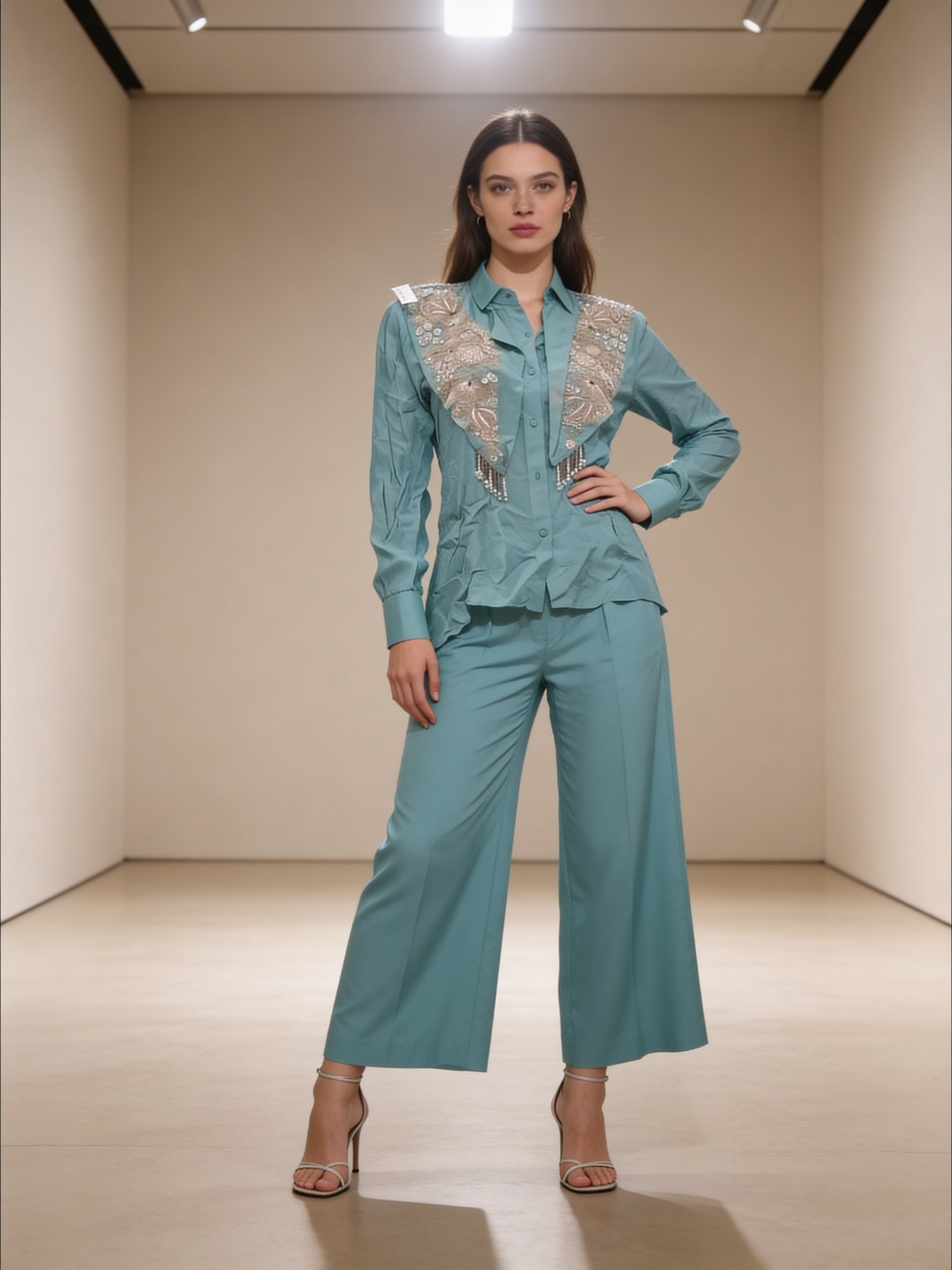 Turquoise Embellished Premium Raw Silk Co-Ord Set