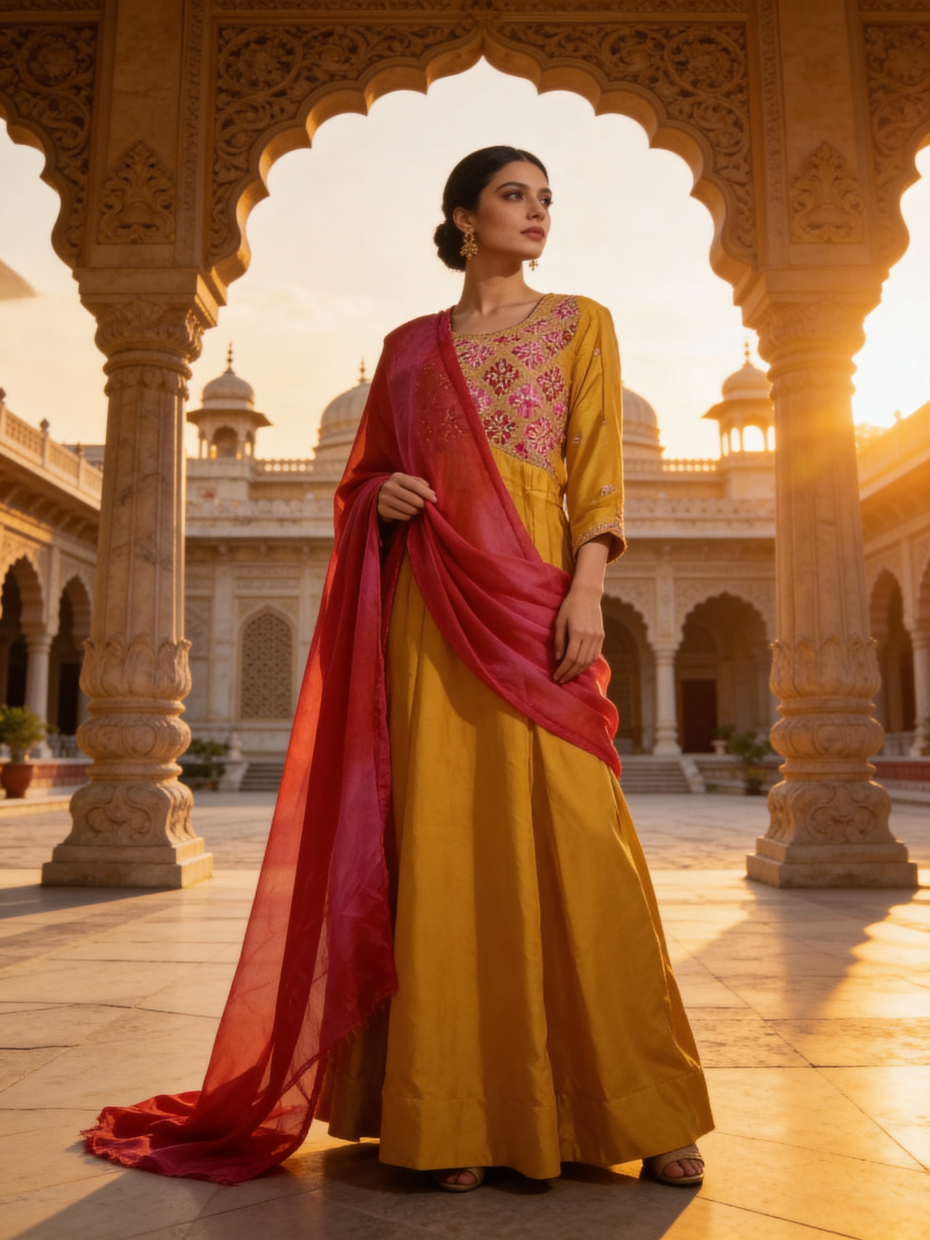 Mustard Embellished Premium Raw Silk Anarkali Set
