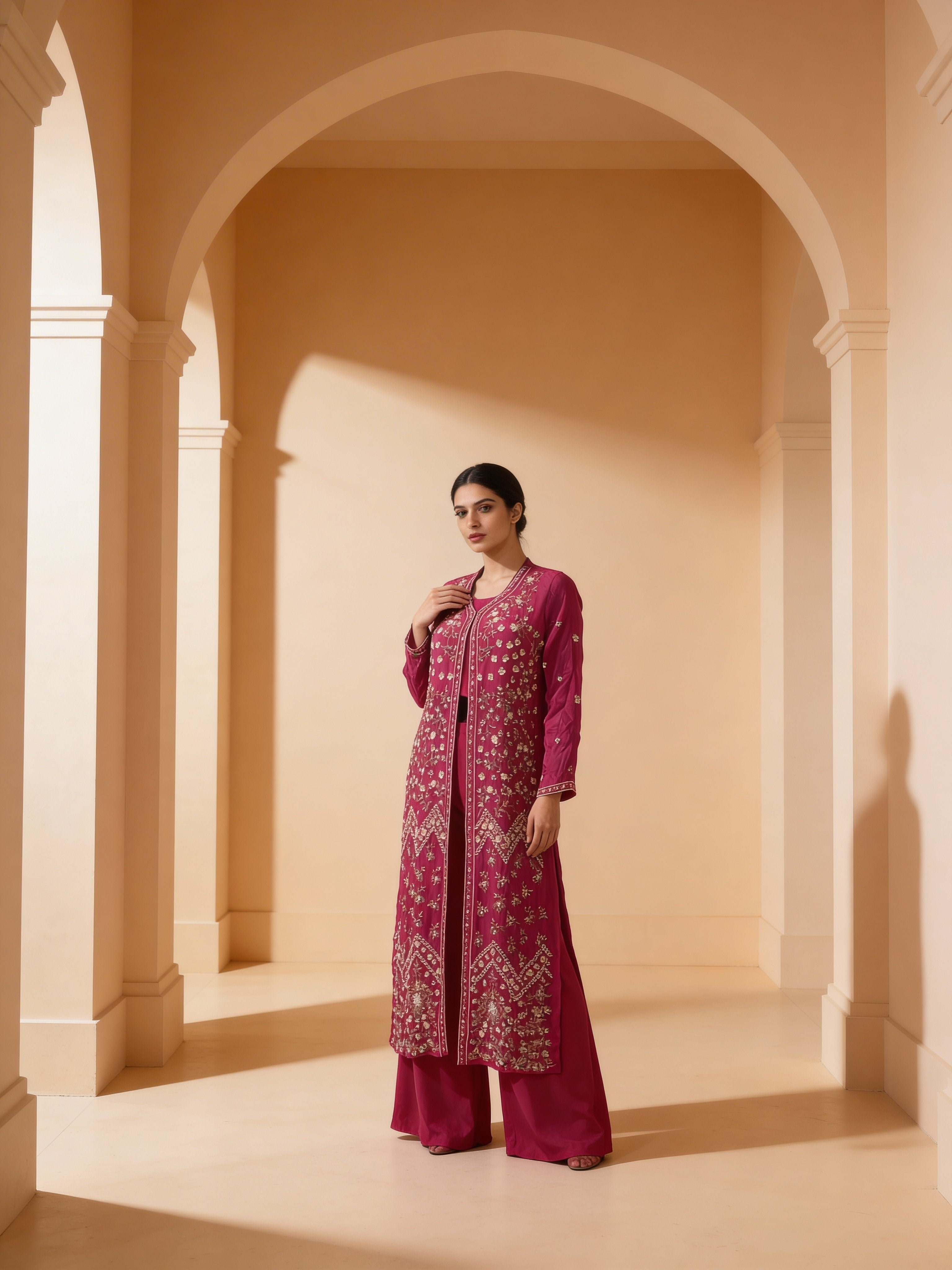 Rich Pink Embellished Georgette Silk Palazzo Set