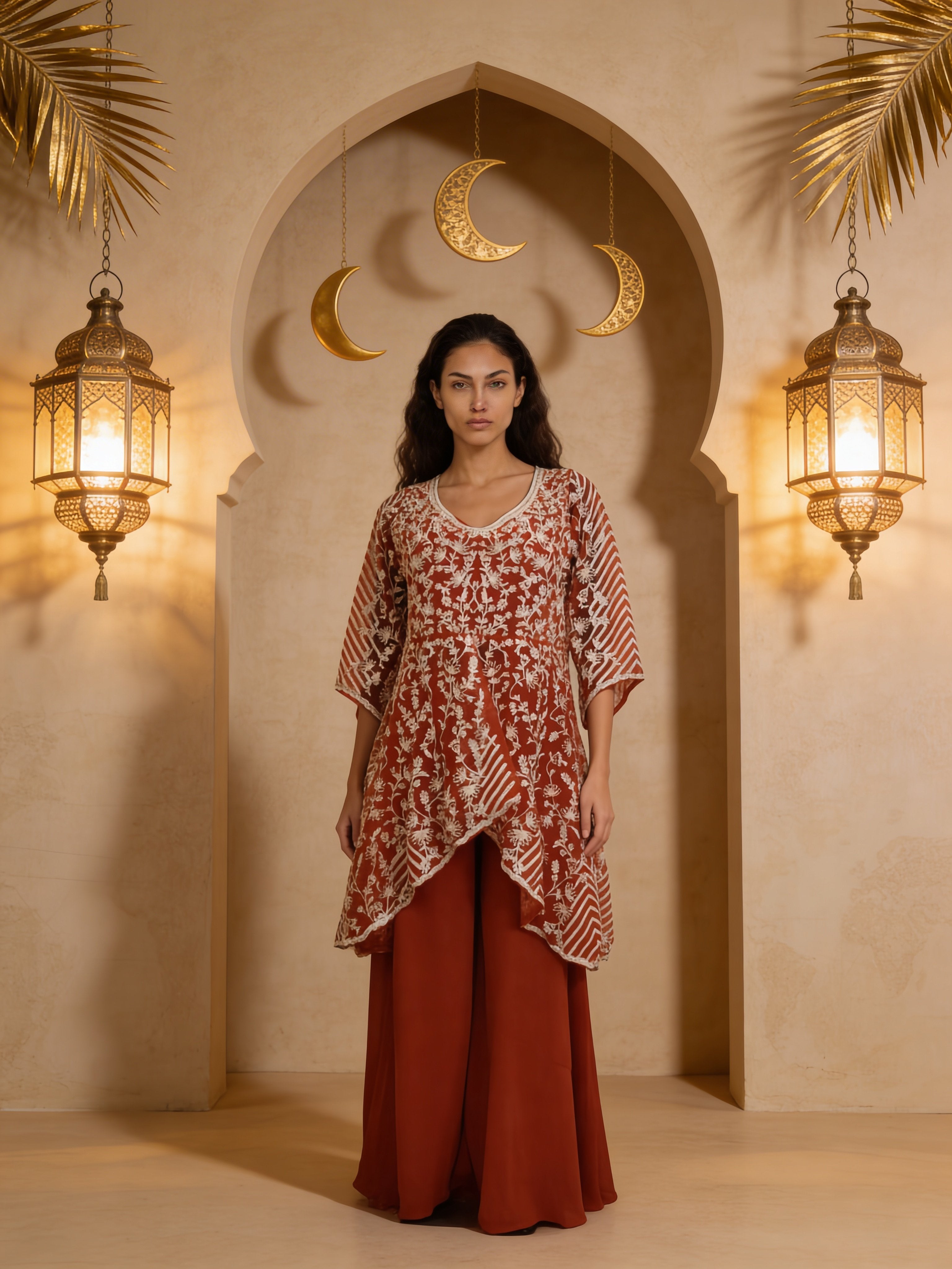 Rust Orange Embroidered Georgette Silk Palazzo Set