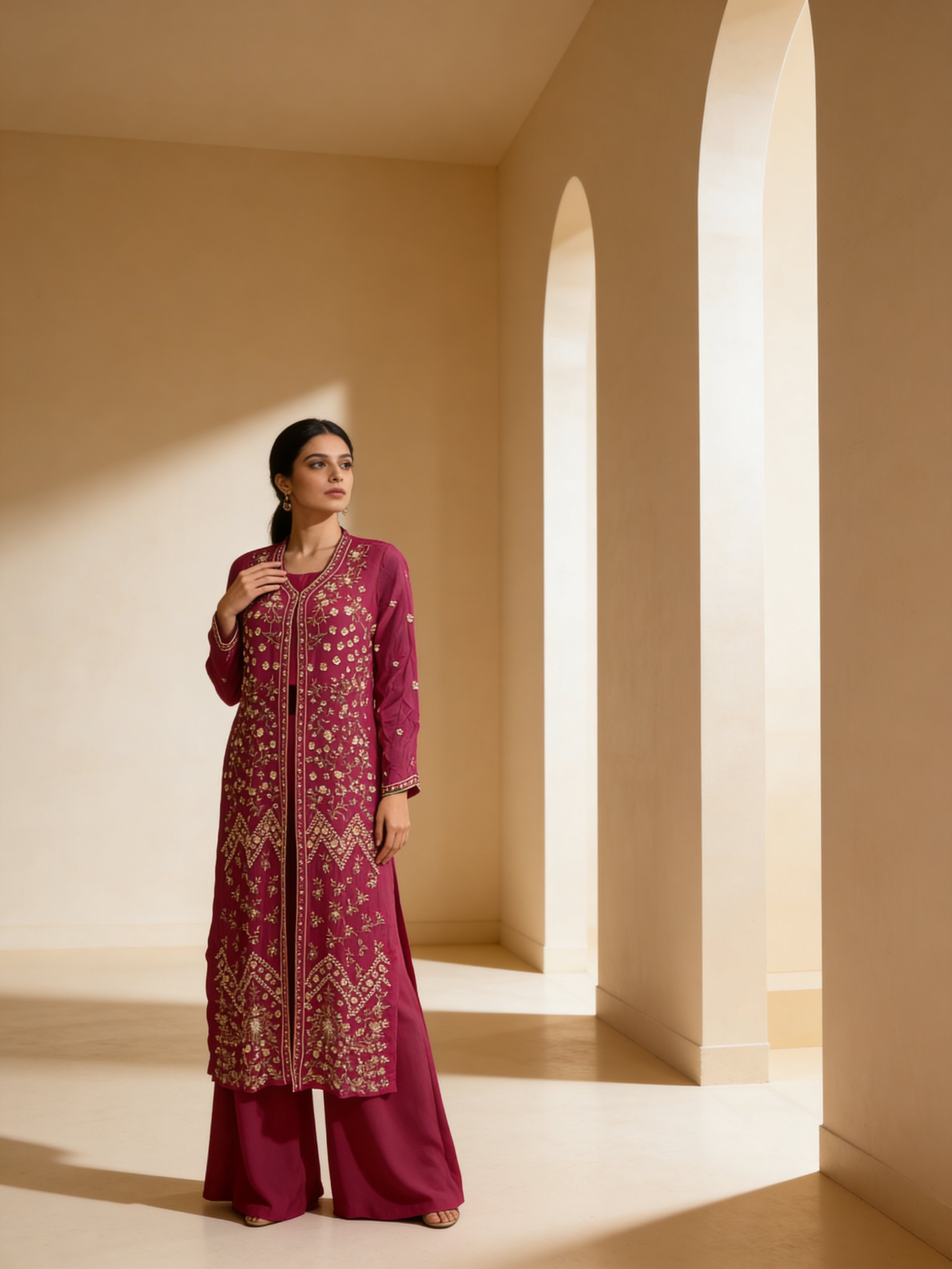 Rich Pink Embellished Georgette Silk Palazzo Set