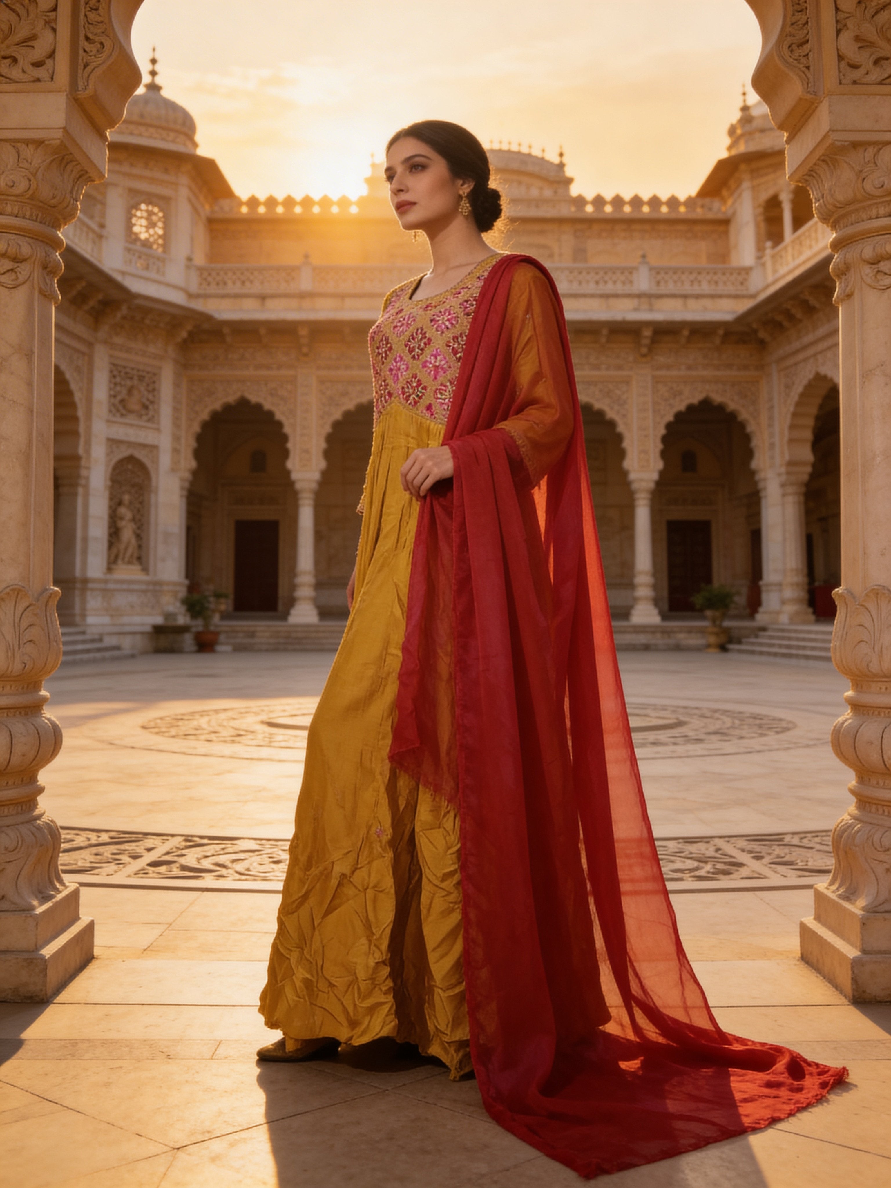 Mustard Embellished Premium Raw Silk Anarkali Set