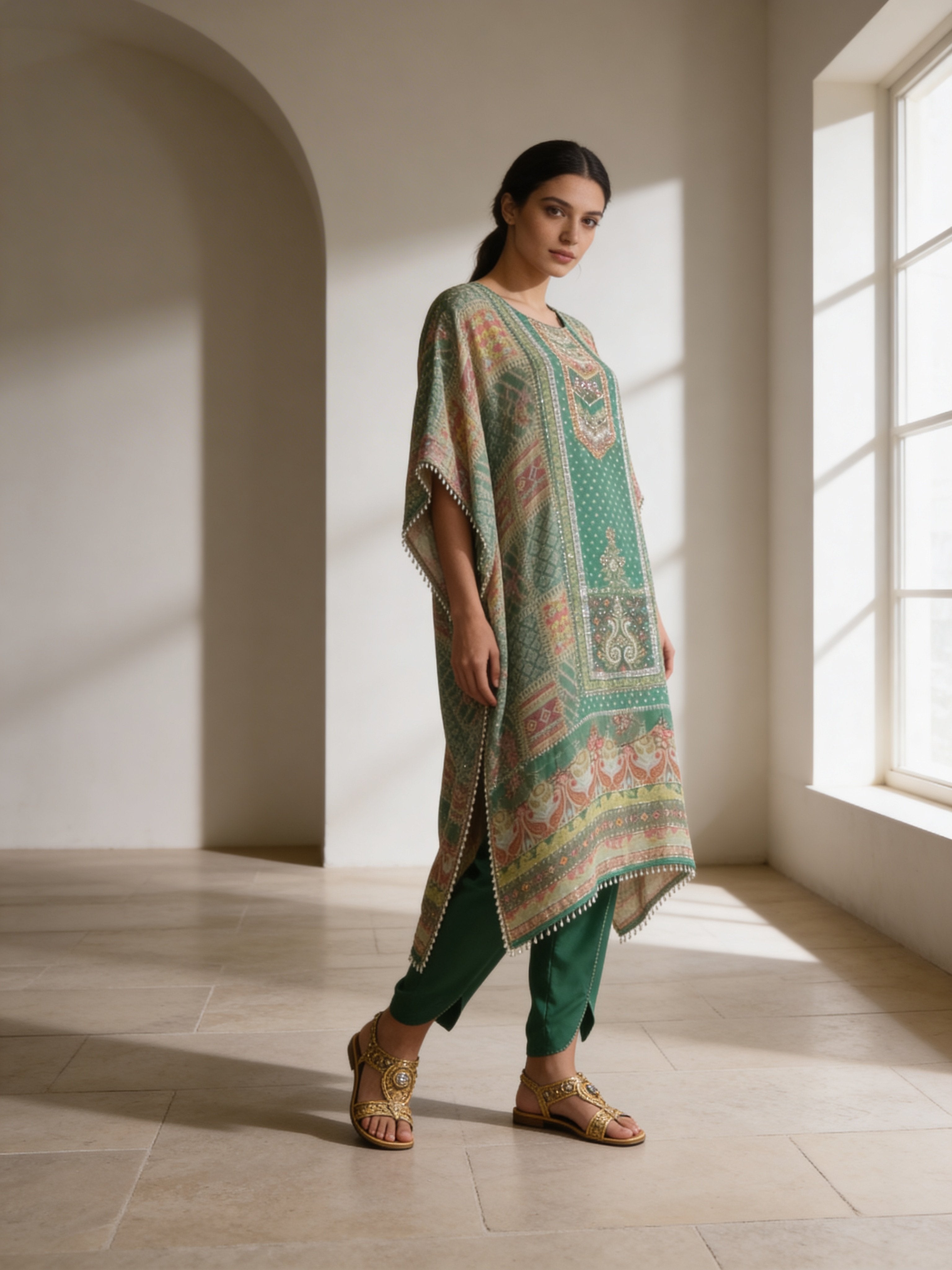 Mint Green Embellished Muslin Silk Kaftan Set