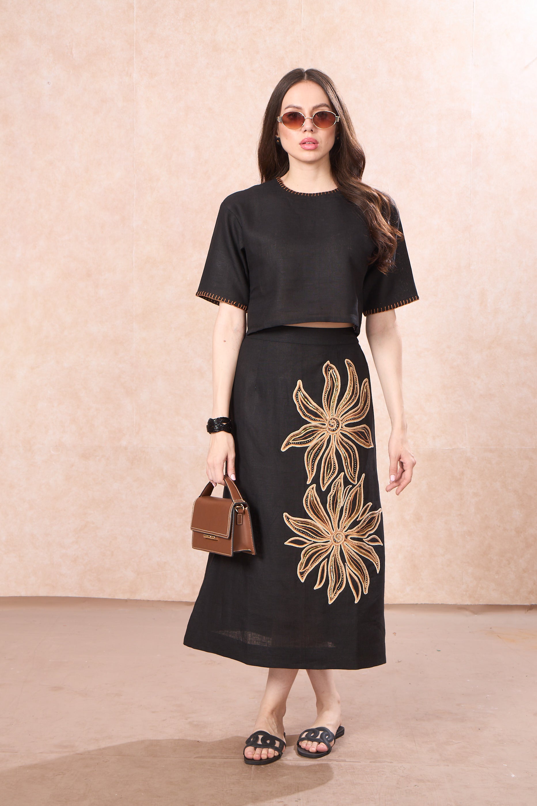Midnight Dahlia Embroidered Linen Co-Ord Set