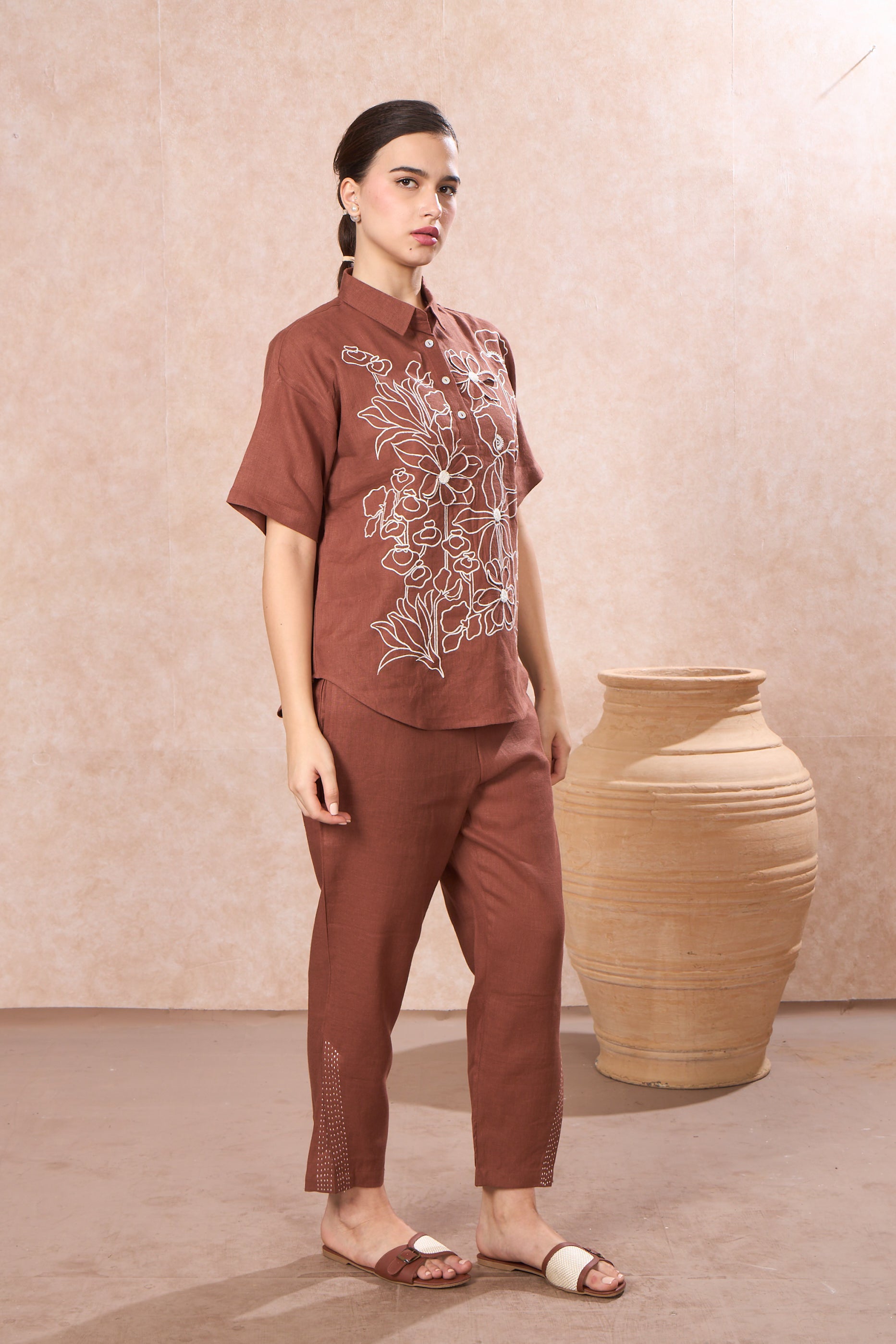 Cocoa Bloom Embroidered Linen Co-Ord Set