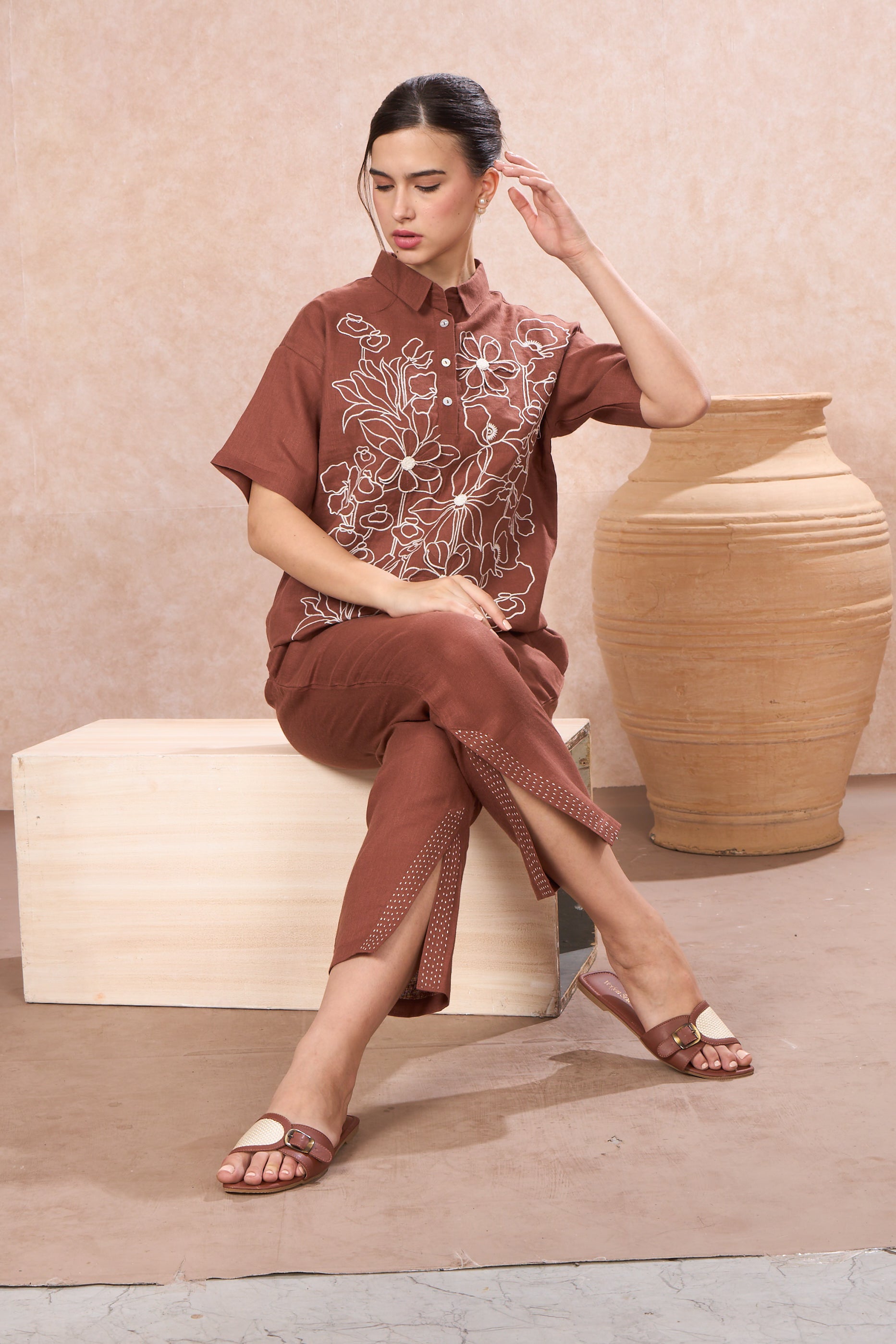 Cocoa Bloom Embroidered Linen Co-Ord Set