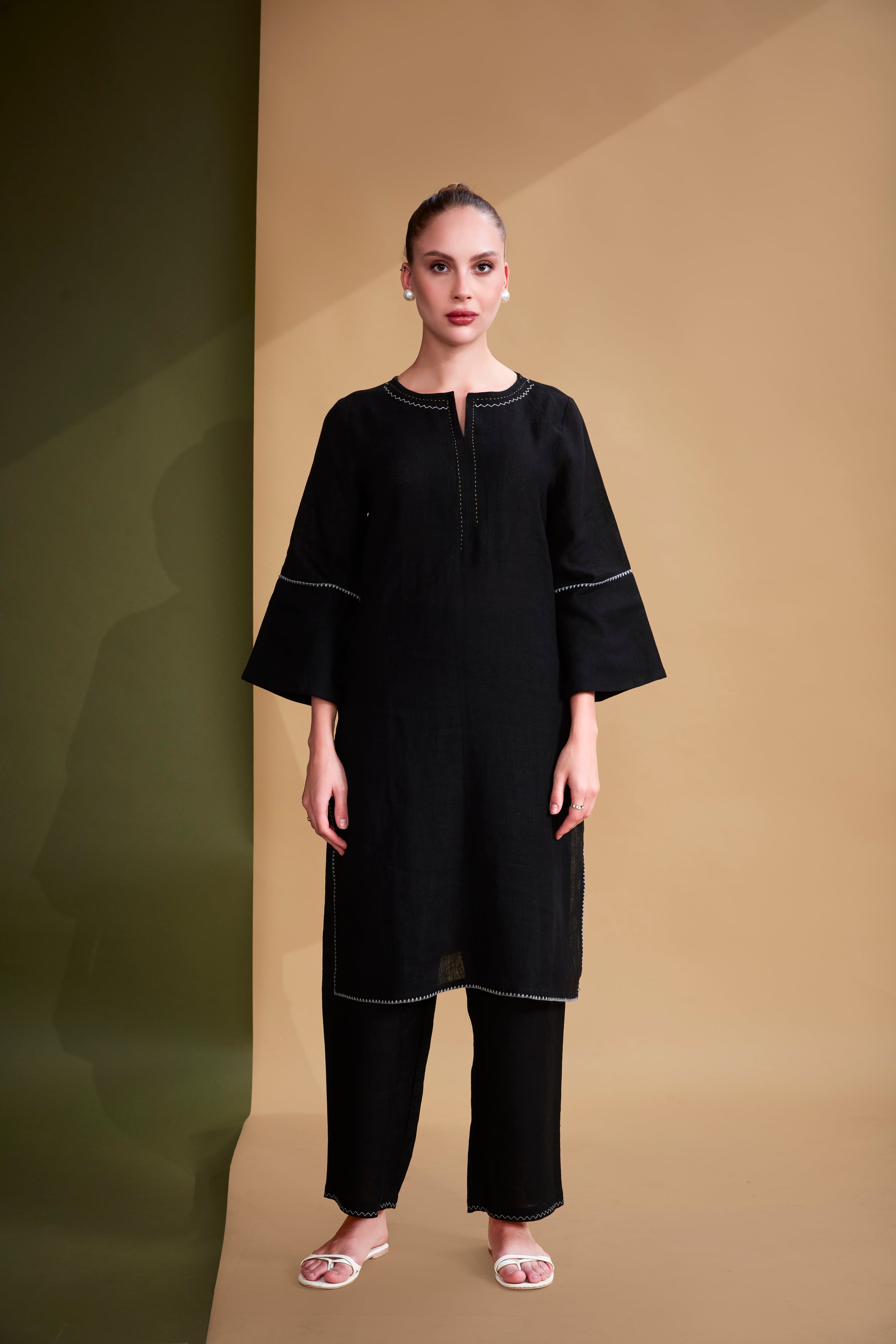 Black Minimalist Embroidered Linen Co-Ord Set